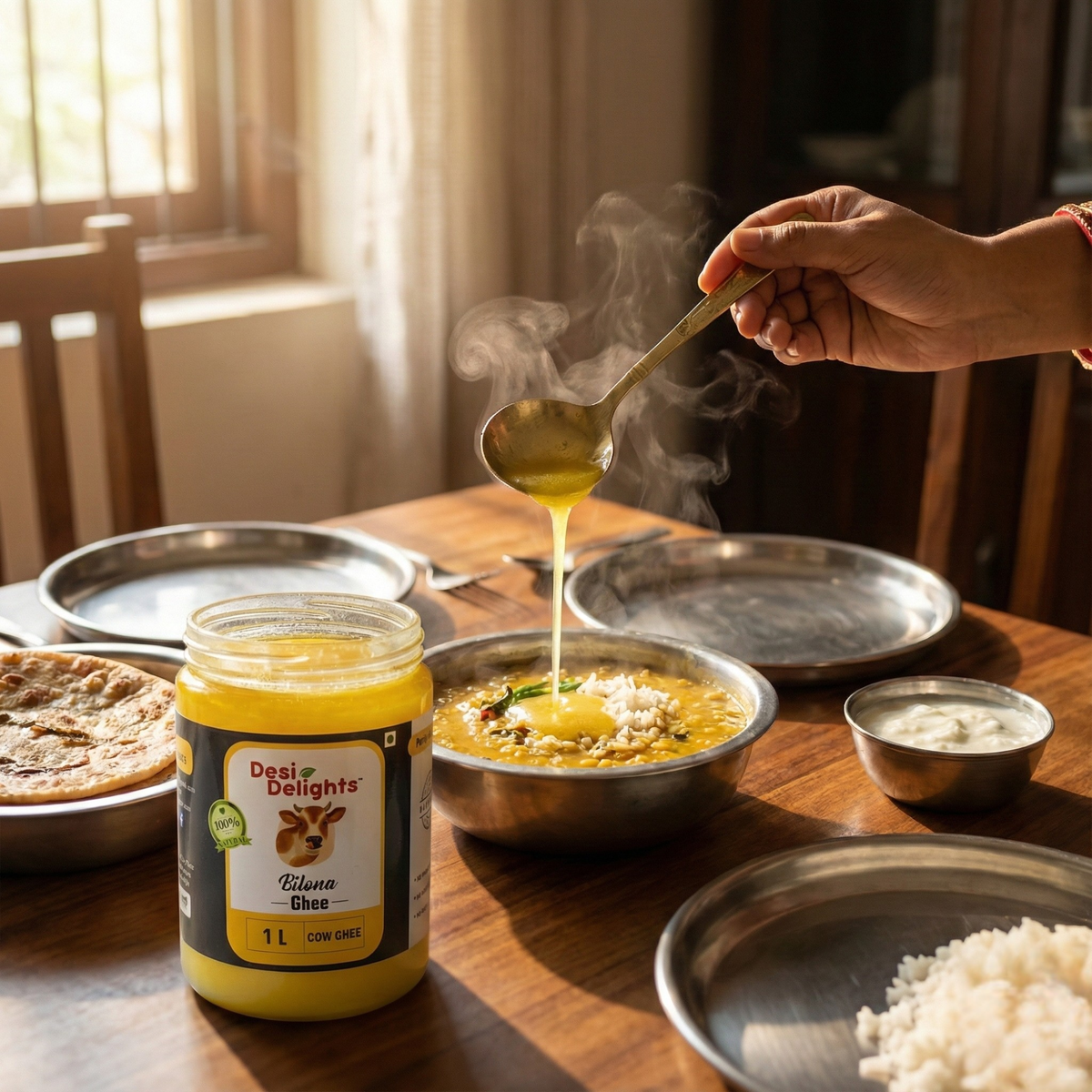 Person drizzling Desi Delights ghee over food on a wooden table.