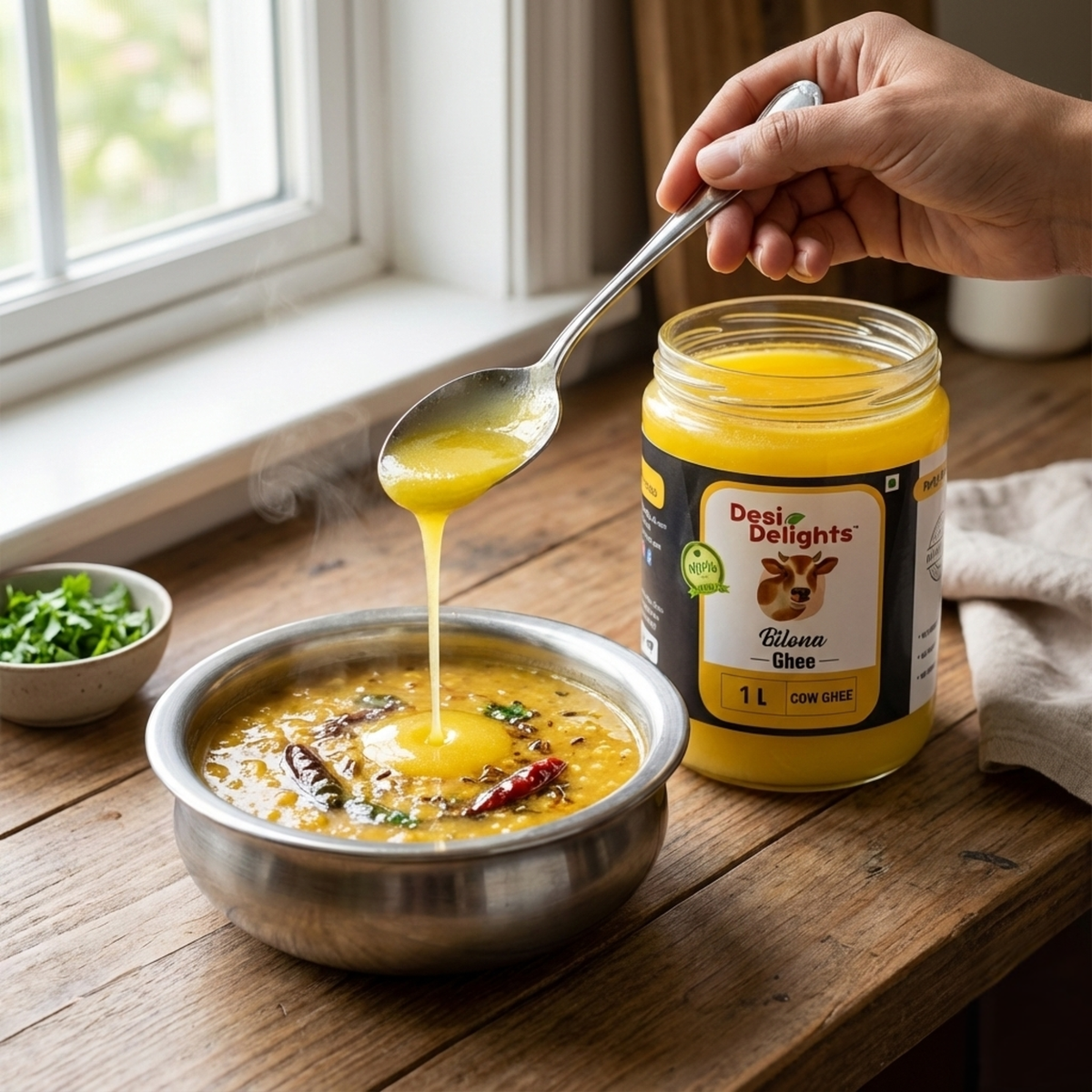 Desi Delights ghee being poured from a jar into a bowl on a wooden surface.