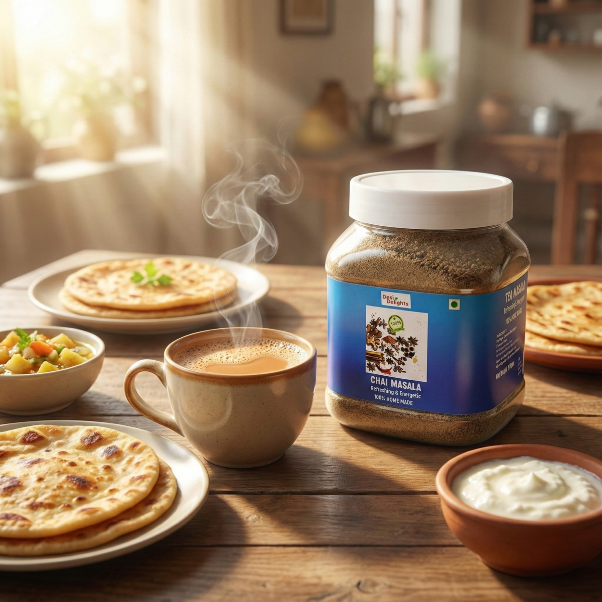 Jar of Chai Masala with a cup of tea and snacks on a wooden table