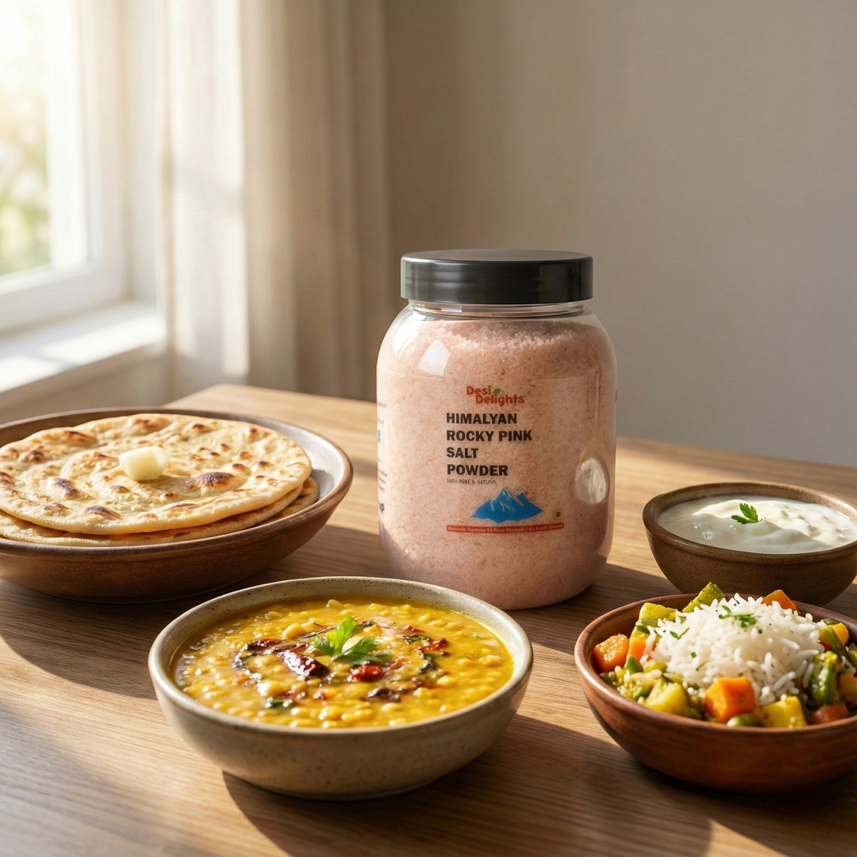 Table setting with food items and a jar of Desi Delights Turmeric Paste.