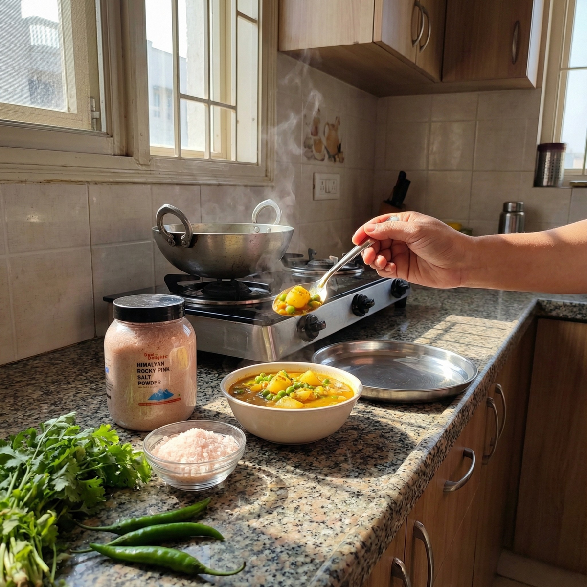 Person cooking in a kitchen with ingredients and utensils on the counter.